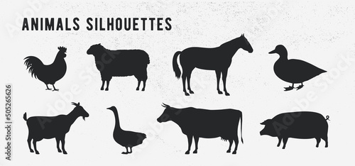 Farm Animals Silhouette set. Cow, Pig, Sheep, Rooster, Goat, Horse, Goose, Duck. Farm Animals icons isolated on white background. Vector livestock icons. 
