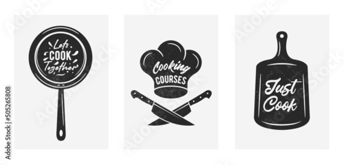 Vector kitchen posters. Vintage Cooking posters with cooking pan, chef hat, knifes, kitchen board and craft texture. Trendy retro design for Culinary school, food studio, cooking class. 