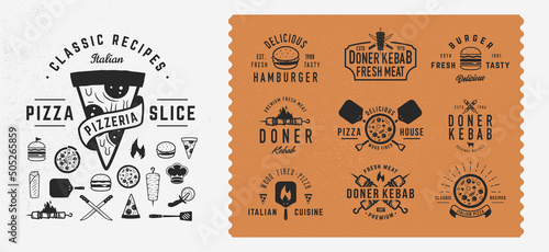 Vintage fast food logo set. Set of 10 fast food logo templates and 16 design elements for Bistro, cafe, restaurant menu, logo. Kebab, Burger, Pizza, Hamburger, Shawarma emblems. Vector illustration