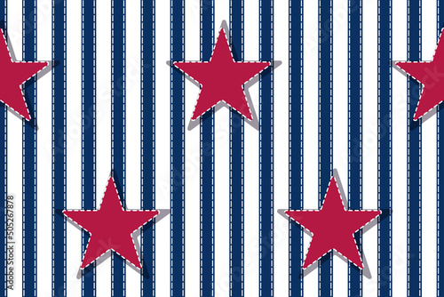 4th of July stars and stripes USA sewn Flag with stitching and applique. Vector Illustration of Stars and Stripes Background for celebration holiday American President Day. Independence Day backdrop