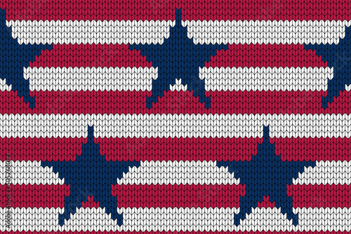 4th of July stars and stripes USA knitted Flag seamless pattern. Vector Illustration of Stars and Stripes Background for celebration holiday American President Day. Independence Day backdrop