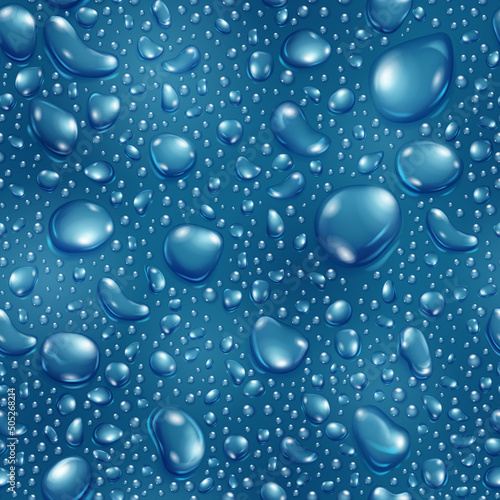 Seamless pattern of big and small realistic water drops in blue colors