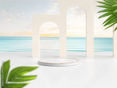 simple podium stage on shore colored background with beautiful windless sea and sky on a sunny day, 3d render and blended image © Hula-Loop-Dee-Doo