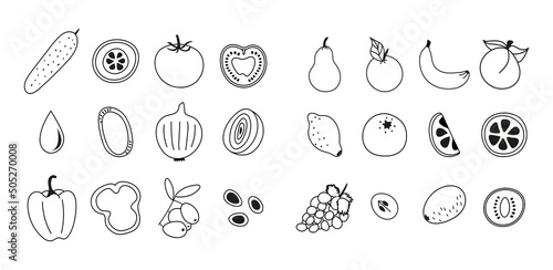 Collection of contour icons of vegetables and fruits for any web and app project. Vector illustration