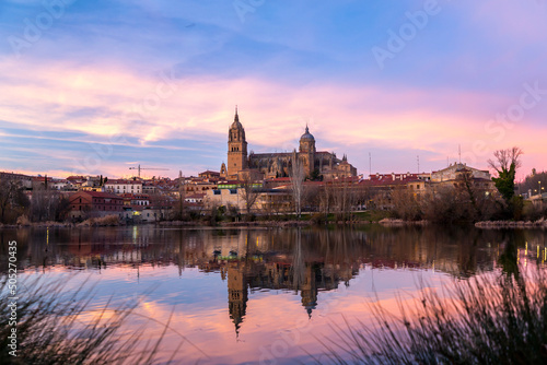 Salamanca Skyline view with Cathedral and Enrique Estevan Bridge on Tormes River, Spain