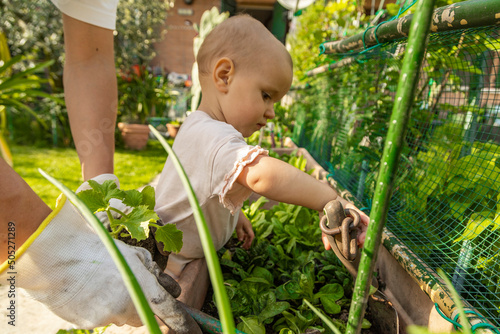 father and daughter are planted herbs
