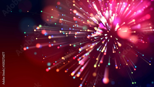 3d abstract beautiful background with light rays colorful glowing particles, depth of field, bokeh. Abstract explosion of multicolored shiny particles or light rays like laser show. 3d render