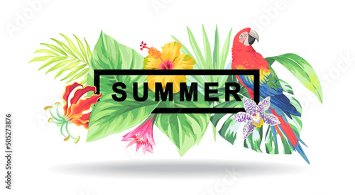 Tropical Hawaiian card template with birds, palm leaves and exotic flowers. Summer design. Vector illustration.