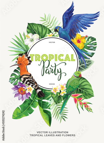 Tropical Hawaiian card template with birds, palm leaves and exotic flowers. Summer design. Vector illustration.