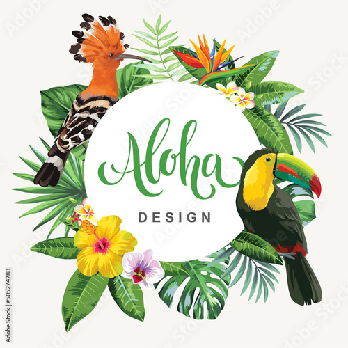 Tropical Hawaiian card template with birds, palm leaves and exotic flowers. Summer design. Vector illustration.