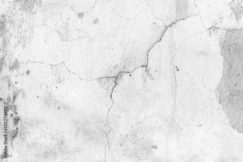 Old white concrete wall with cracks and peeling paint, close up