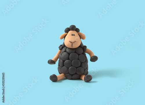 Cute sitting black sheep made of plasticine on blue background, Clay black sheep, outstanding, different, competitive, rebel. 3d artwork