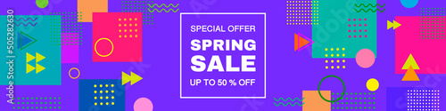 Spring sale discount banner memphis style. Abstract background with geometric shapes, circles, triangles, lines, zigzags, squares, dots, rhombuses, memphis style. Bright colorful background. Veri Peri