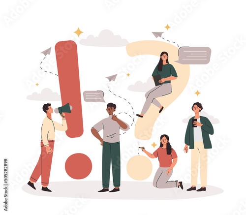 Frequently asked questions concept. Men and women next to question and exclamation mark, think and look for answers. Problem solving and customer support service. Cartoon flat vector illustration