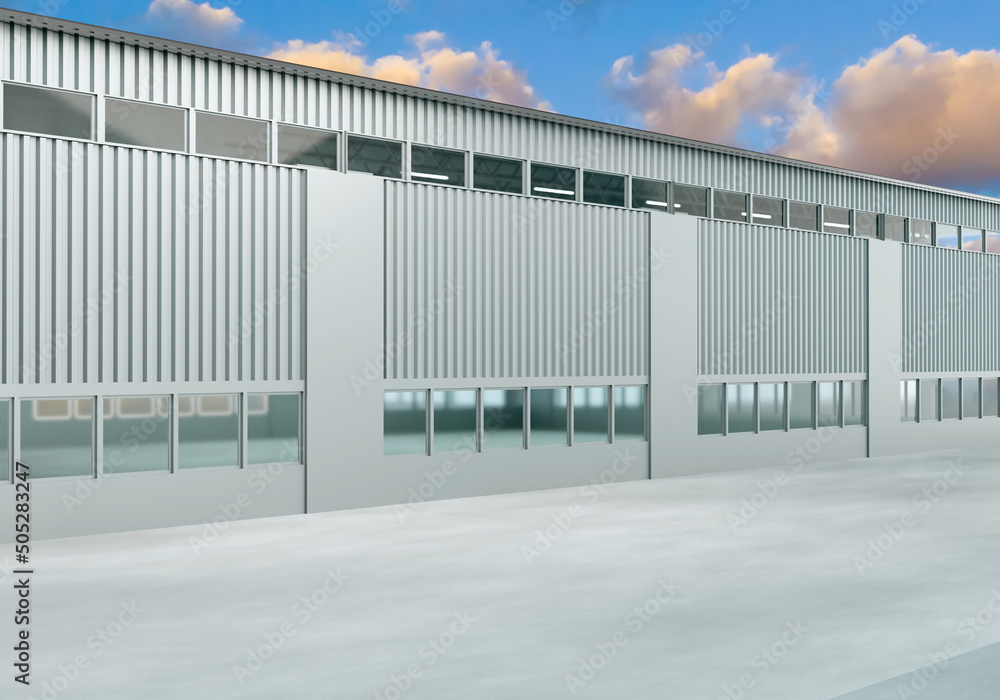 Exterior of industrial building. Simple building visualization. Warehouse on sky background. Exhibition center facade with windows. Exterior industrial construction. Warehouse for products. 3d image.