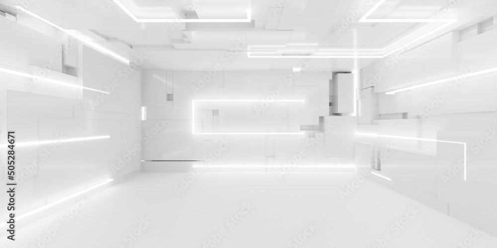 bright white studio futuristic light interior with metallic reflections 3d render illustration - obrazy, fototapety, plakaty 