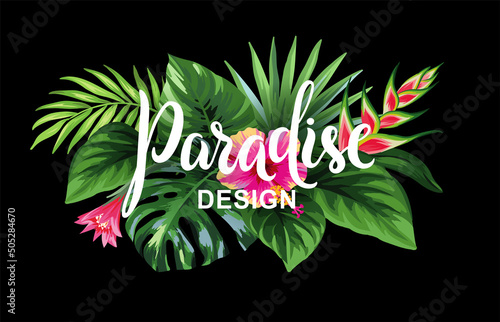 Tropical Hawaiian card template with palm leaves and exotic flowers. Summer design. Vector illustration.