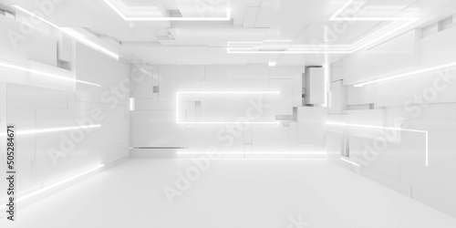 bright white studio futuristic light interior with metallic reflections 3d render illustration
