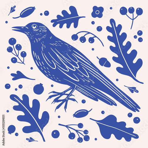 Engraving impression of blue cuckoo. Forest bird among leaves and berries in style of screen printing. Element for design of postcards  books  packaging. Vector illustration on isolated background.