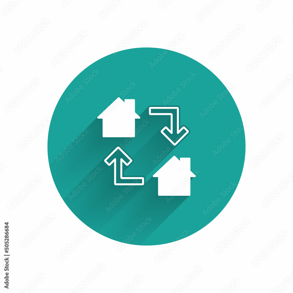 White Online working icon isolated with long shadow. Freelancer man working on laptop at his house. Remote work. Distant job concept. Green circle button. Vector White Online working icon isolated with long shadow. Freelancer man working on laptop at his house. Remote work. Distant job concept. Green circle button. Vector