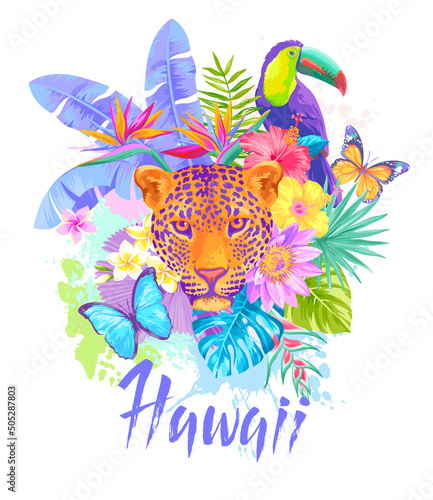 Tropical summer design for T-shirt. Wild animals, birds, palm leaves and flowers. Vector illustration.