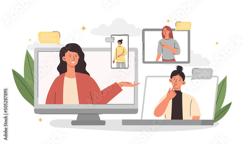 Video conference concept. Young female employees of company in screens of digital devices communicate and discuss project. Remote meeting of colleagues. Online work. Cartoon flat vector illustration