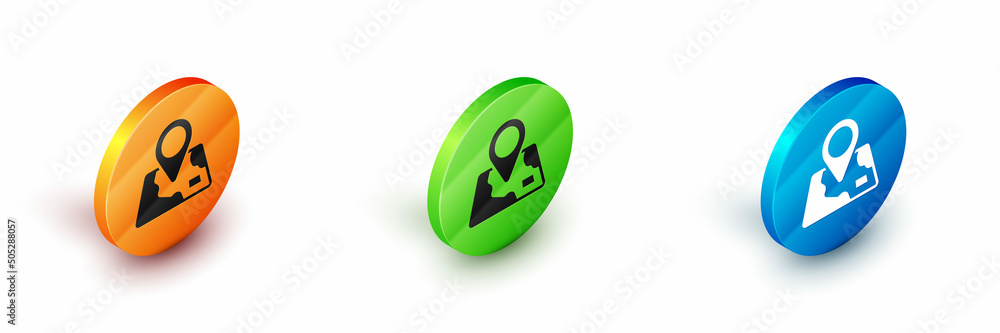 Isometric Folded map with location marker icon isolated on white background. Circle button. Vector Isometric Folded map with location marker icon isolated on white background. Circle button. Vector