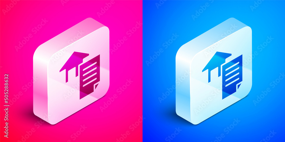 Isometric House contract icon isolated on pink and blue background. Contract creation service, document formation, application form composition. Silver square button. Vector Isometric House contract icon isolated on pink and blue background. Contract creation service, document formation, application form composition. Silver square button. Vector