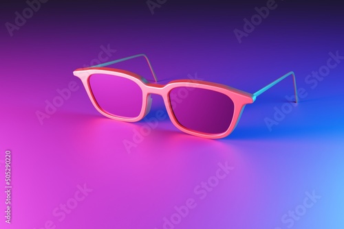 Pink glasses on a pink-blue background. Abstract glasses, color combination. The concept of minimalism and modernity. 3d render, 3d illustration.