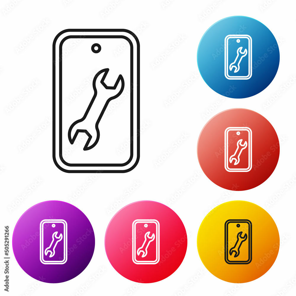 Black line Mobile phone with wrench icon isolated on white background. Adjusting, service, setting, maintenance, repair. Set icons colorful circle buttons. Vector Black line Mobile phone with wrench icon isolated on white background. Adjusting, service, setting, maintenance, repair. Set icons colorful circle buttons. Vector