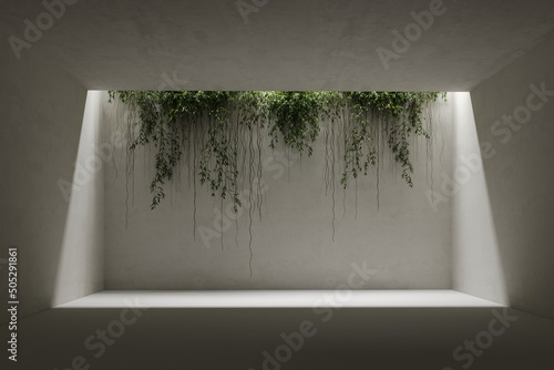 3d render minimalistic concrete interior, two story space with lighting and liane plants. 3D rendering illustration mockup. Presentation space or gallery	