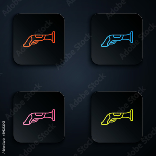 Color neon line Vintage pistol icon isolated on black background. Ancient weapon. Set icons in square buttons. Vector