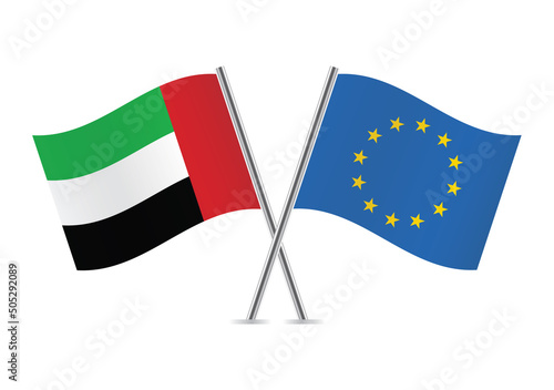 The United Arab Emirates and European Union crossed flags. UAE and EU flags on white background. Vector icon set. Vector illustration.