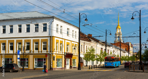Summer cityscape of Krestovaya Street, central street of Rybinsk city, Yaroslavl region, Russia