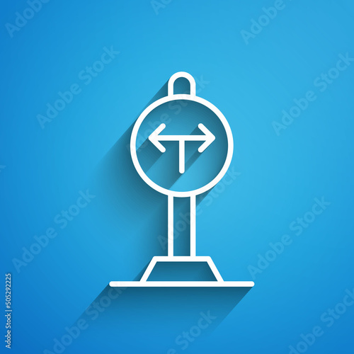 White line Fork in the road icon isolated on blue background. Long shadow. Vector