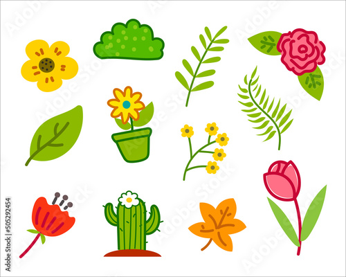 Set of plant and flower illustrations in colorful doodle style isolated on white background