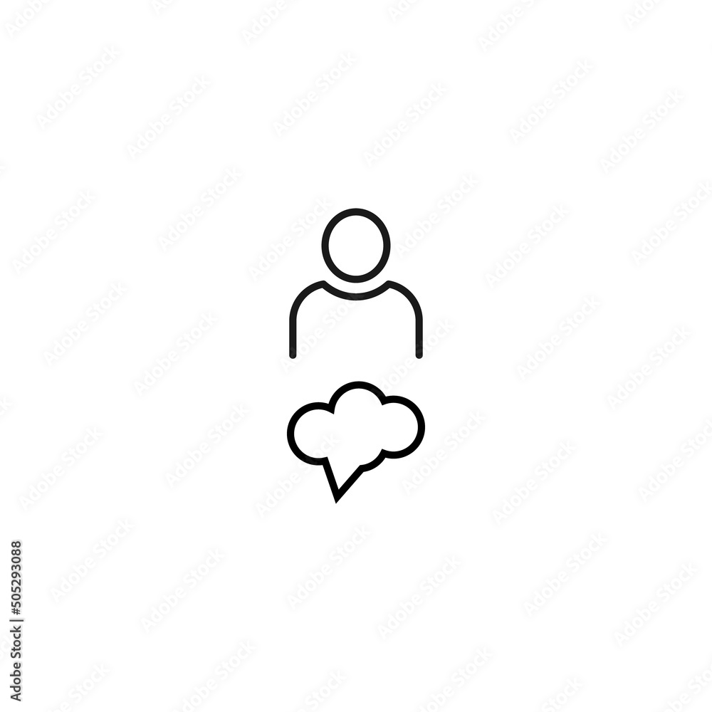 Black and white sign suitable for advertisement, web sites, stores, shops, apps. Editable stroke drawn with thin black line. Vector icon of user next to cloud speech bubble Black and white sign suitable for advertisement, web sites, stores, shops, apps. Editable stroke drawn with thin black line. Vector icon of user next to cloud speech bubble
