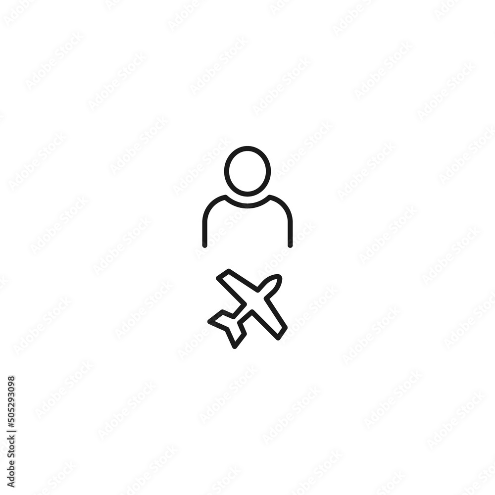 Black and white sign suitable for advertisement, web sites, stores, shops, apps. Editable stroke drawn with thin black line. Vector icon of user next to flying airplane Black and white sign suitable for advertisement, web sites, stores, shops, apps. Editable stroke drawn with thin black line. Vector icon of user next to flying airplane