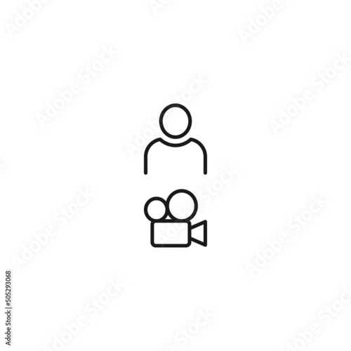 Black and white sign suitable for advertisement, web sites, stores, shops, apps. Editable stroke drawn with thin black line. Vector icon of user next to video camera
