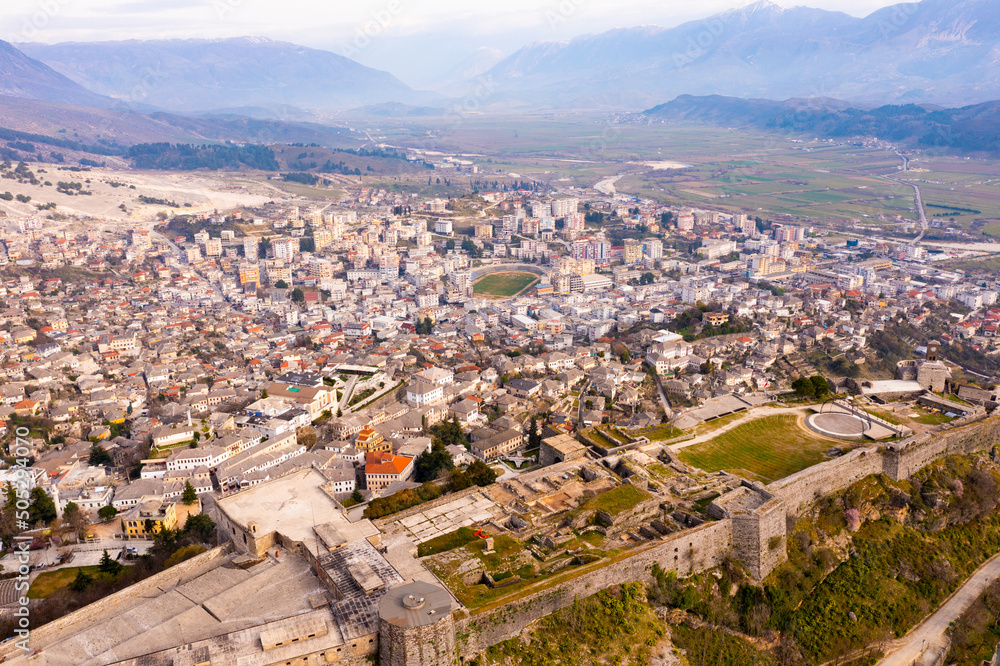 High-angle shot of Gjirokaster castle located in Gjirokaster, Albania.