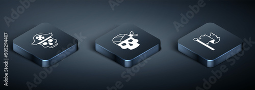 Set Isometric Pirate captain, flag and icon. Vector