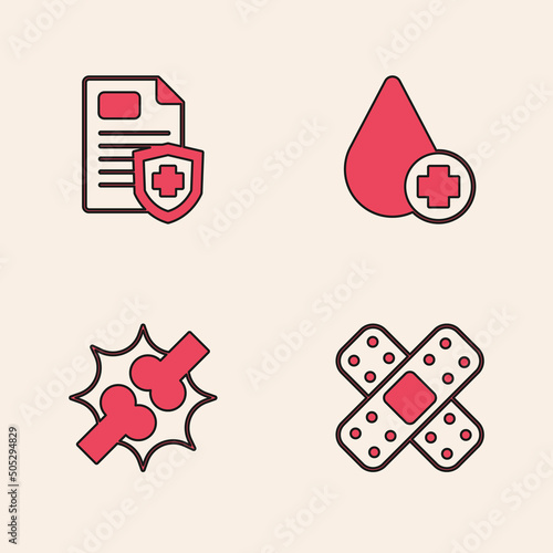 Set Crossed bandage plaster, Patient record, Donate drop blood and Joint pain, knee pain icon. Vector