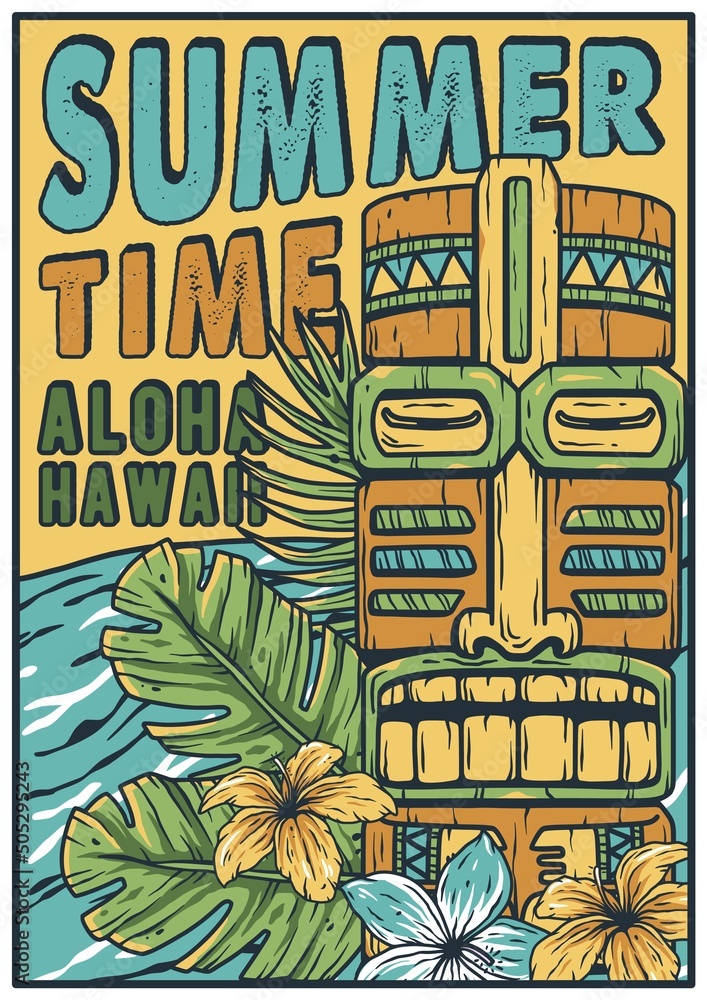 Summer time aloha tribal hawaii poster with tiki mask on waves and tropical leaves