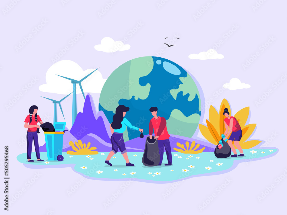 Flat illustration, concept, banner. Volunteers collect trash in a park ...