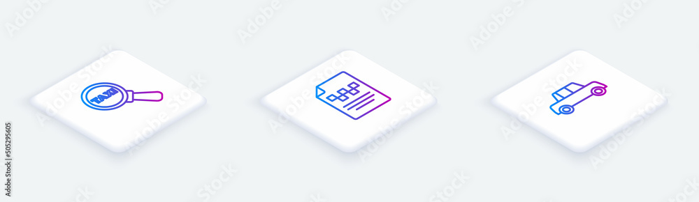 Set Isometric line Magnifying glass and taxi car, Taxi driver license and Car. White square button. Vector Set Isometric line Magnifying glass and taxi car, Taxi driver license and Car. White square button. Vector