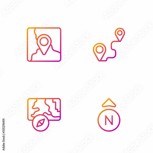 Set line Compass  City map navigation  Folded with location marker and Route. Gradient color icons. Vector