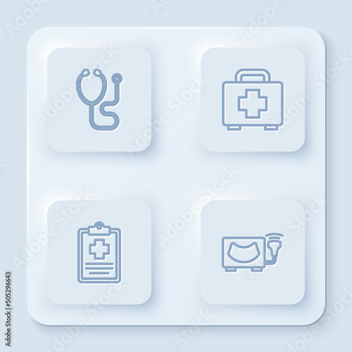Set line Stethoscope, First aid kit, Patient record and Ultrasound. White square button. Vector