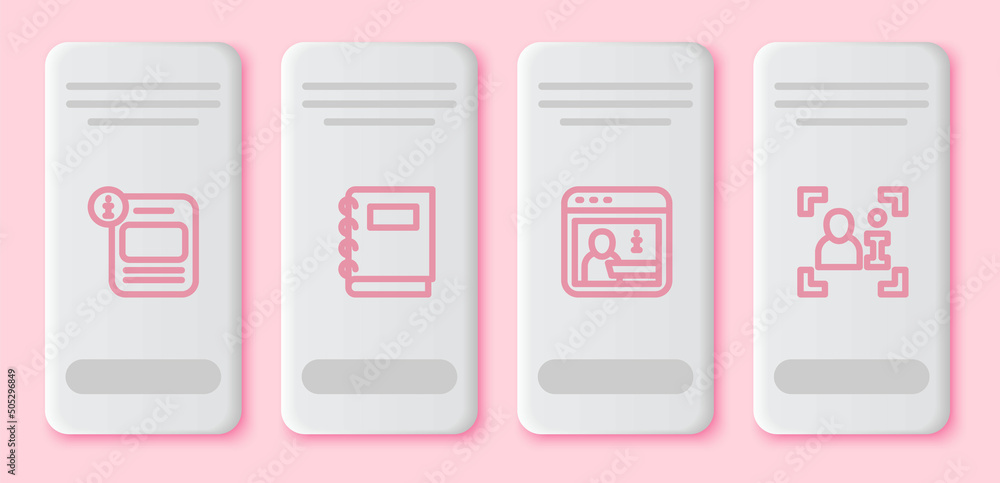 Set line Information, Notebook, and Television report. White rectangle button. Vector Set line Information, Notebook, and Television report. White rectangle button. Vector