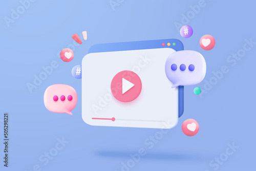 3d social media with live streaming and emotion on browser in blue background. Social media online playing video for make money passive income concept. 3d live entertainment vector render illustration