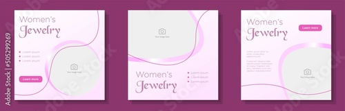 Women's jewelry store social media post, banner set, female necklace, ring advertisement concept, jewelry shop, jeweller, content marketing square ad, abstract print, isolated on background